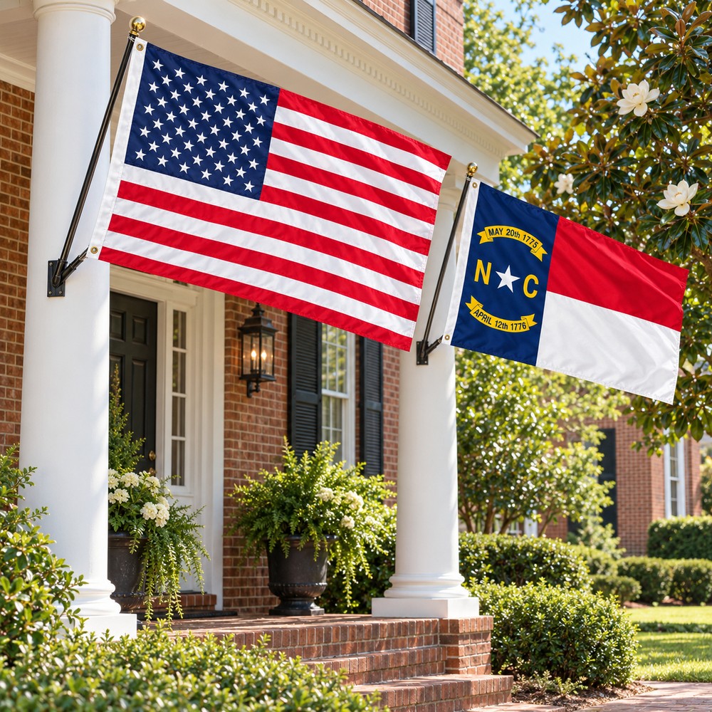 Heavy Duty American Flag and North Carolina State Flag 3x5 2-Pack displayed outdoors