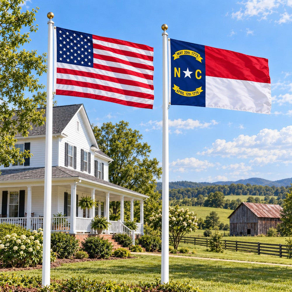 Heavy Duty American Flag and North Carolina State Flag 3x5 2-Pack displayed outdoors