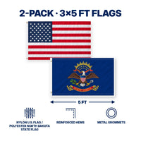 Heavy Duty American Flag and North Dakota State Flag 3x5 2-Pack features and size details