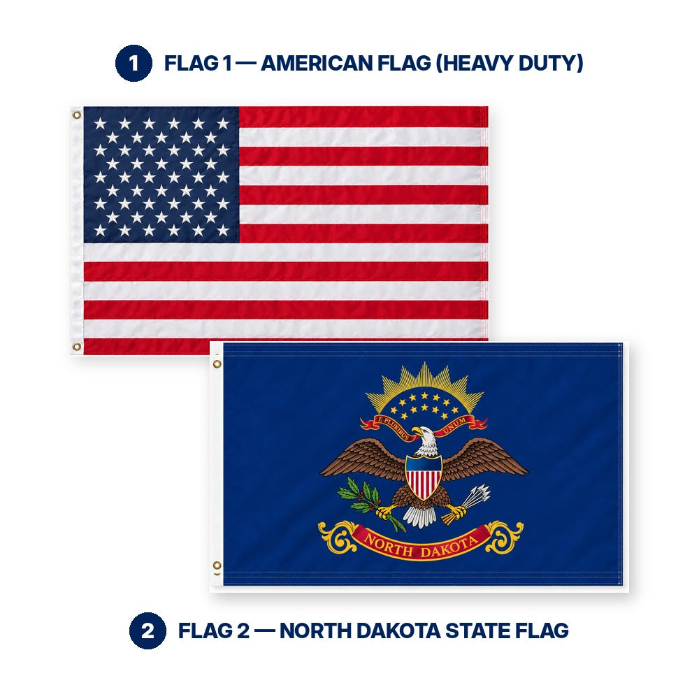 Heavy Duty American Flag and North Dakota State Flag 3x5 2-Pack features and size details