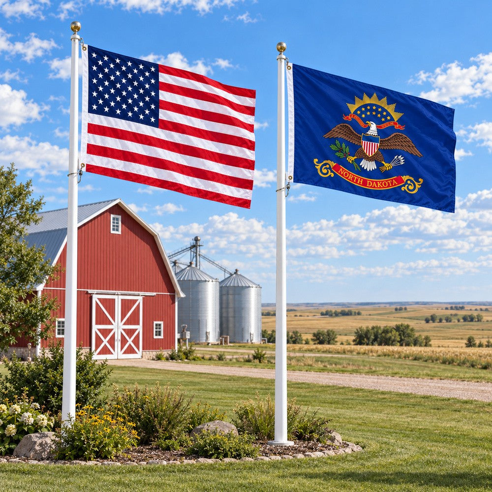 Heavy Duty American Flag and North Dakota State Flag 3x5 2-Pack displayed outdoors