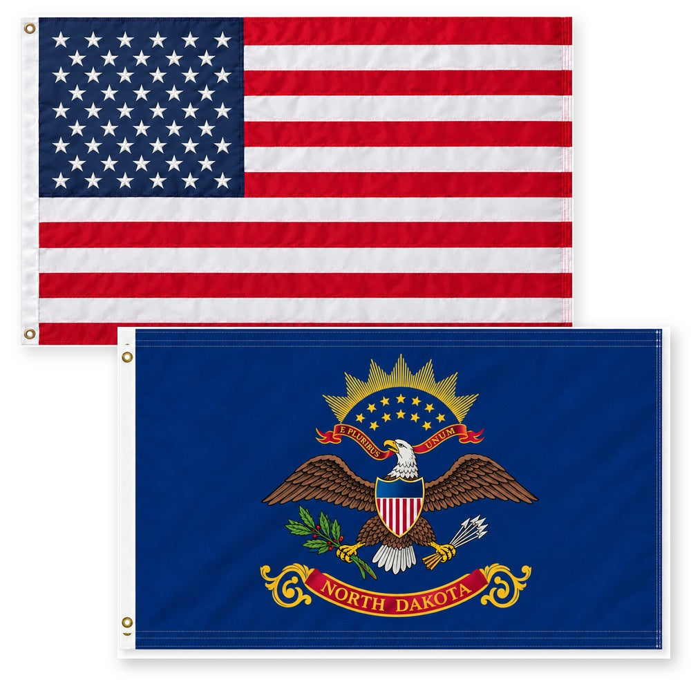 Heavy Duty American Flag and North Dakota State Flag 3x5 2-Pack