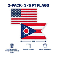 Heavy Duty American Flag and Ohio State Flag 3x5 2-Pack features and size details