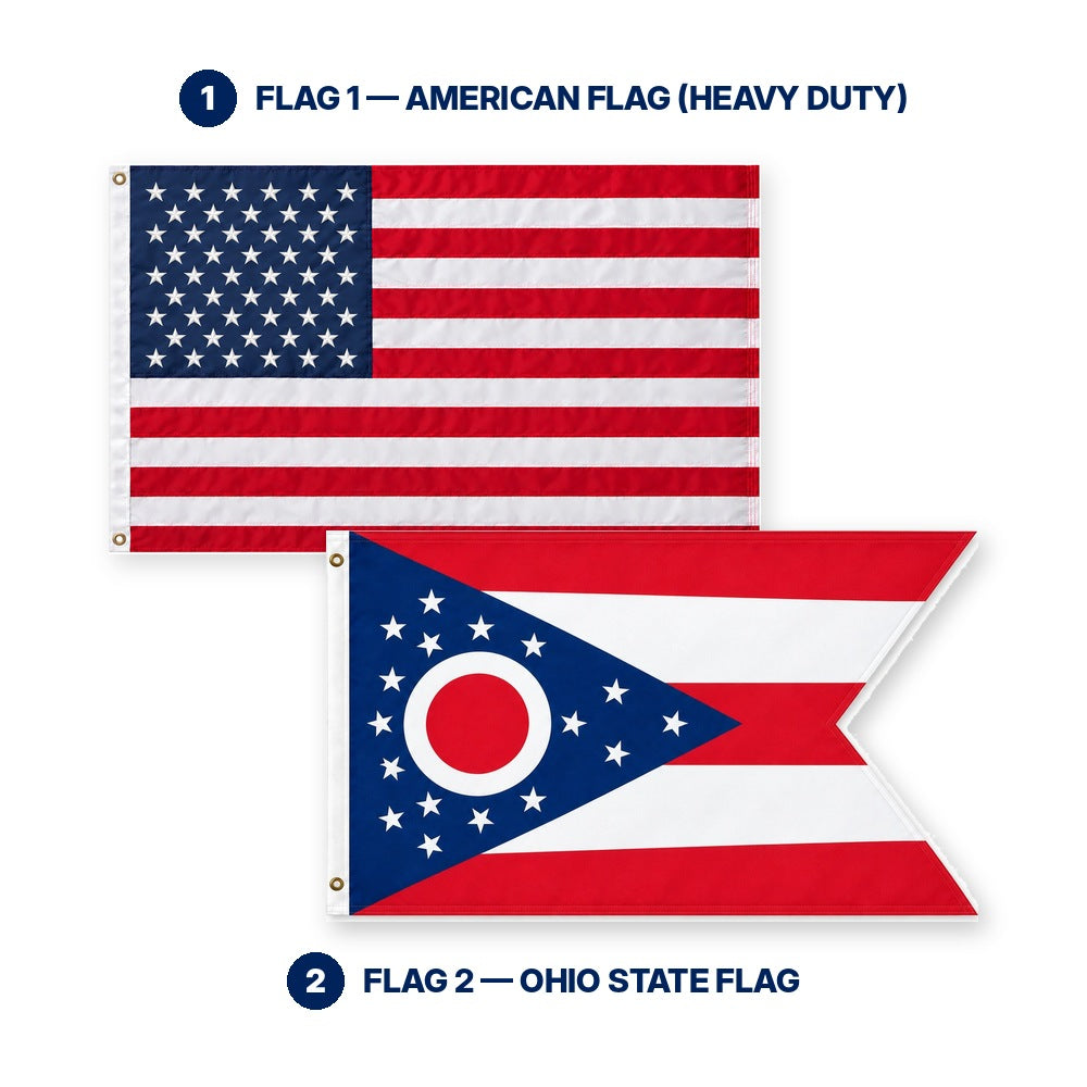 Heavy Duty American Flag and Ohio State Flag 3x5 2-Pack features and size details