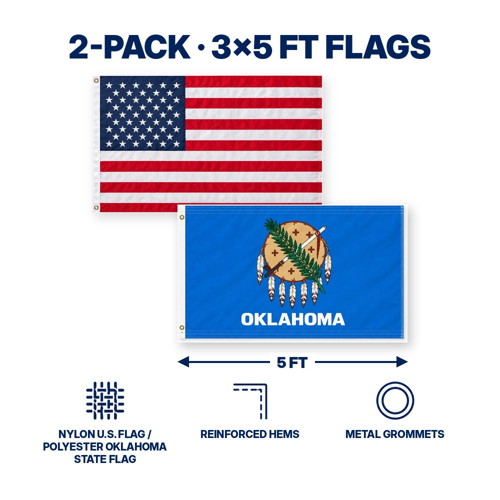 Heavy Duty American Flag and Oklahoma State Flag 3x5 2-Pack features and size details