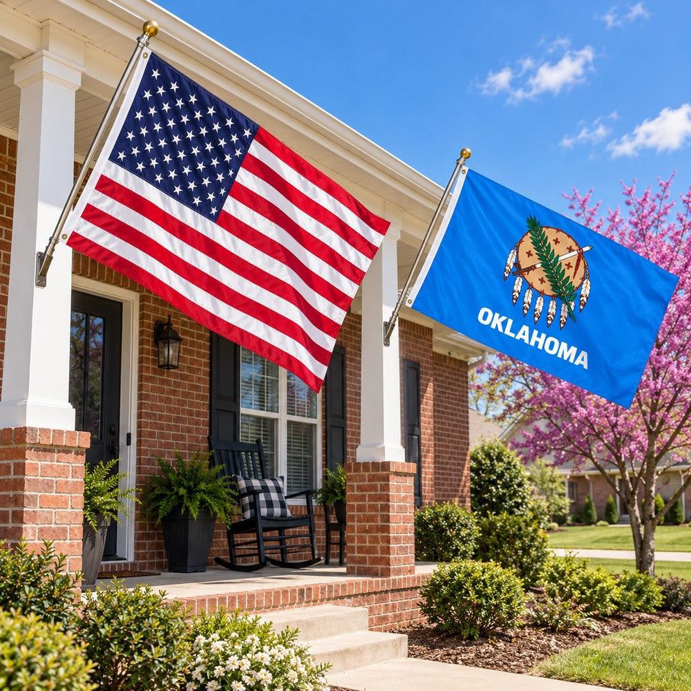 Heavy Duty American Flag and Oklahoma State Flag 3x5 2-Pack displayed outdoors