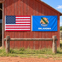 Heavy Duty American Flag and Oklahoma State Flag 3x5 2-Pack displayed outdoors