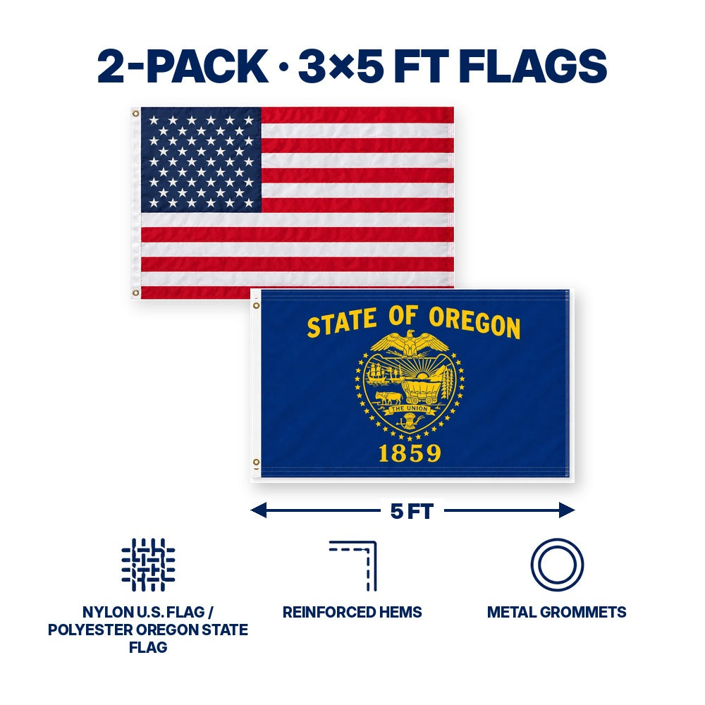 Heavy Duty American Flag and Oregon State Flag 3x5 2-Pack features and size details