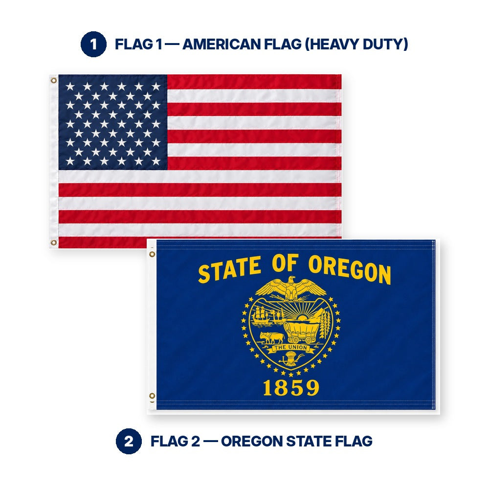 Heavy Duty American Flag and Oregon State Flag 3x5 2-Pack features and size details