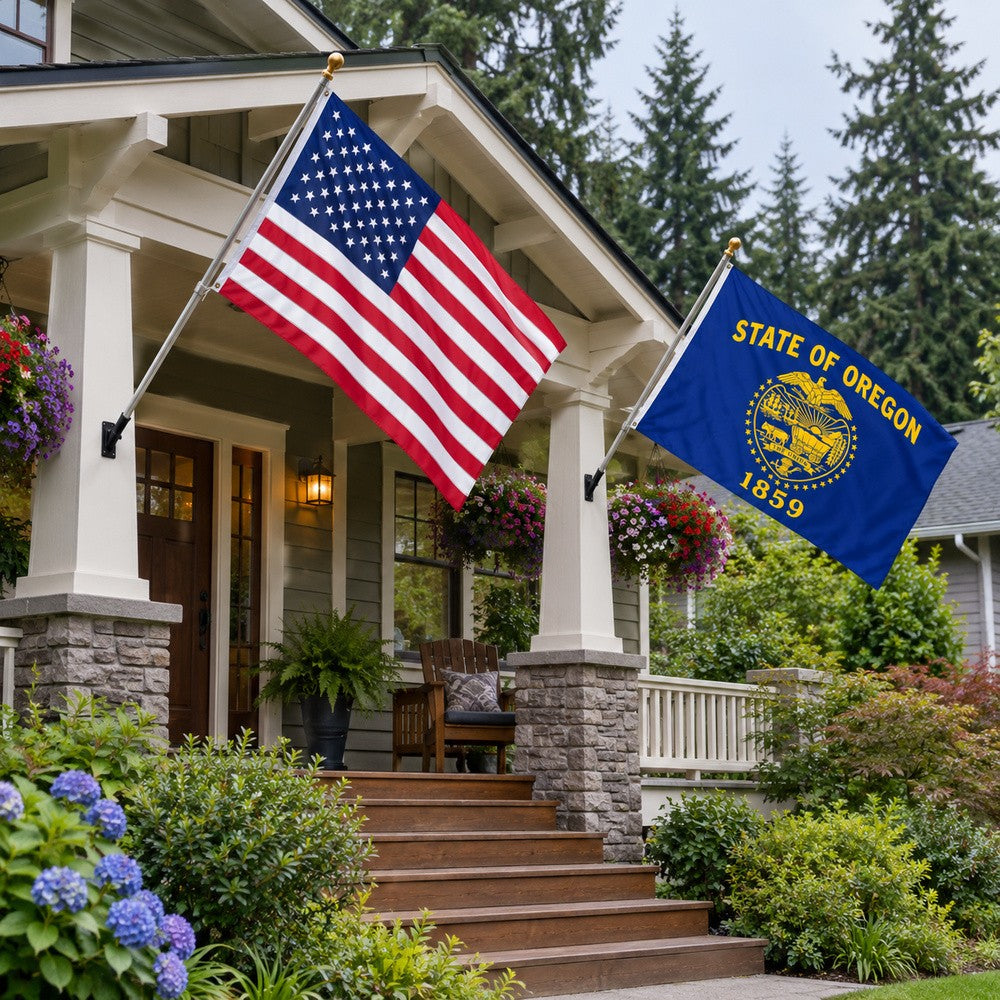 Heavy Duty American Flag and Oregon State Flag 3x5 2-Pack displayed outdoors