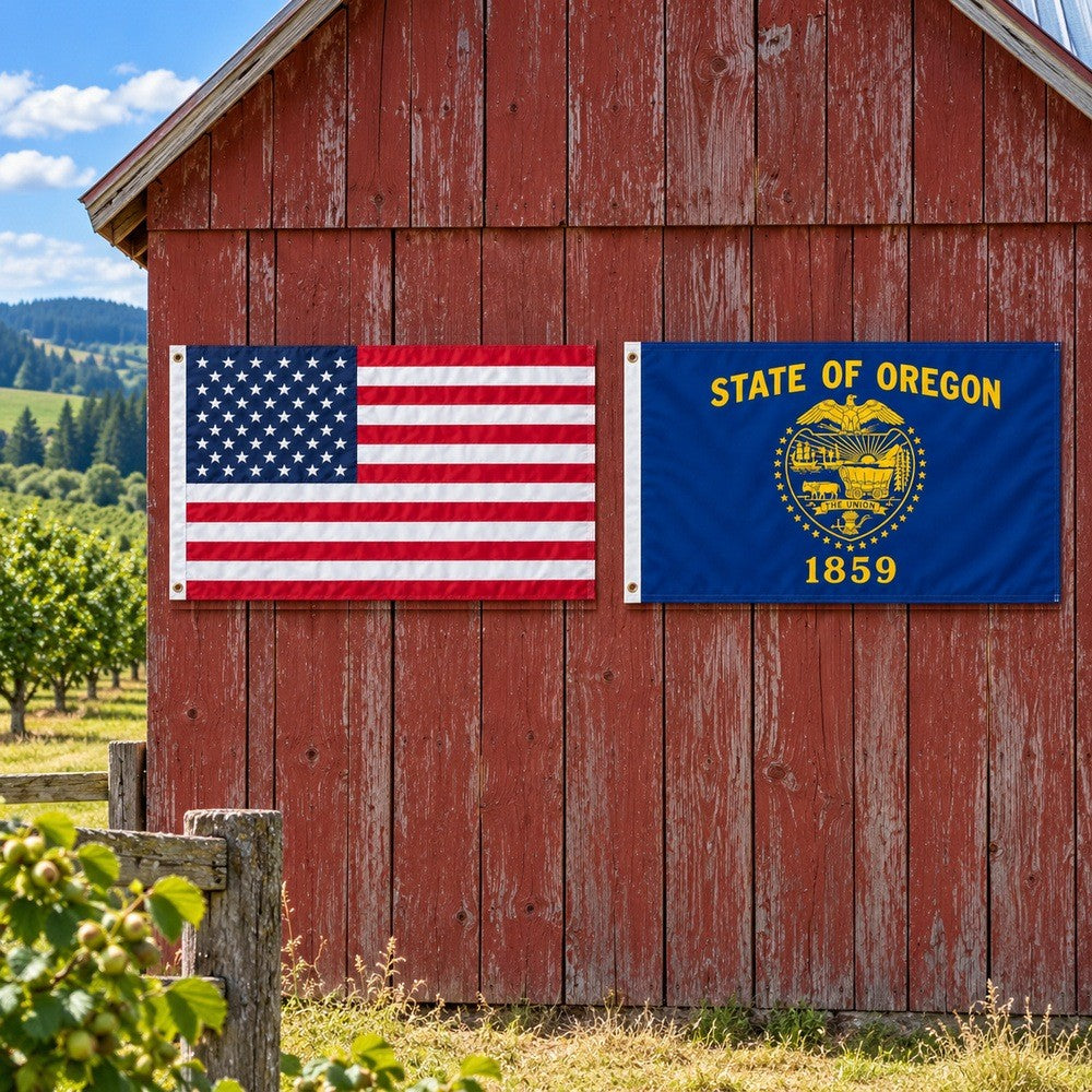 Heavy Duty American Flag and Oregon State Flag 3x5 2-Pack displayed outdoors