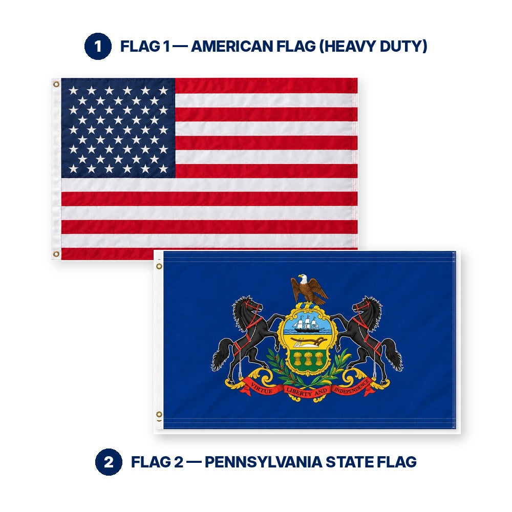 Heavy Duty American Flag and Pennsylvania State Flag 3x5 2-Pack features and size details