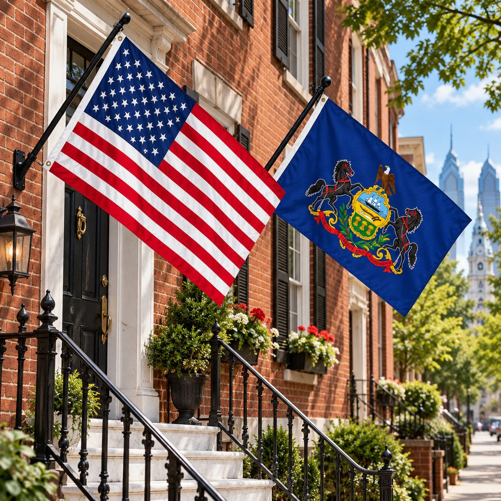 Heavy Duty American Flag and Pennsylvania State Flag 3x5 2-Pack displayed outdoors