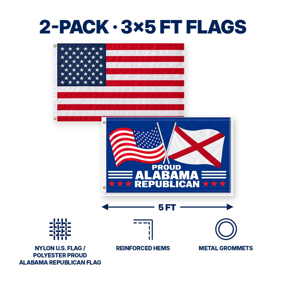 Heavy Duty American Flag and Proud Alabama Republican Flag 3x5 2-Pack features and size details