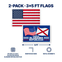 Heavy Duty American Flag and Proud Alabama Republican Flag 3x5 2-Pack features and size details