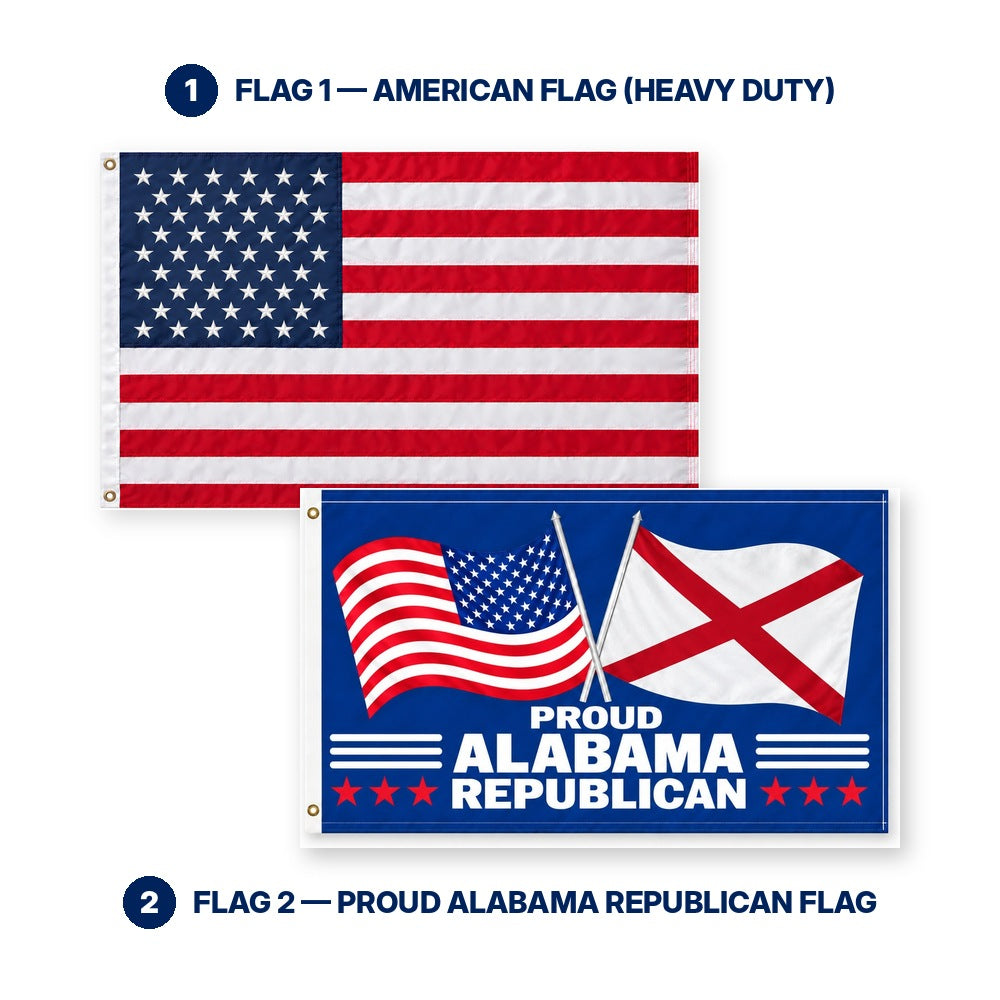 Heavy Duty American Flag and Proud Alabama Republican Flag 3x5 2-Pack features and size details