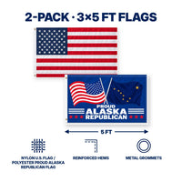 Heavy Duty American Flag and Proud Alaska Republican Flag 3x5 2-Pack features and size details