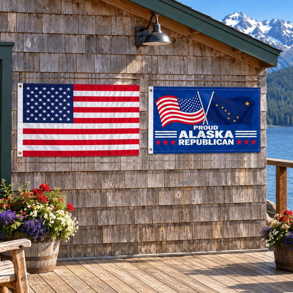 Heavy Duty American Flag and Proud Alaska Republican Flag 3x5 2-Pack displayed outdoors