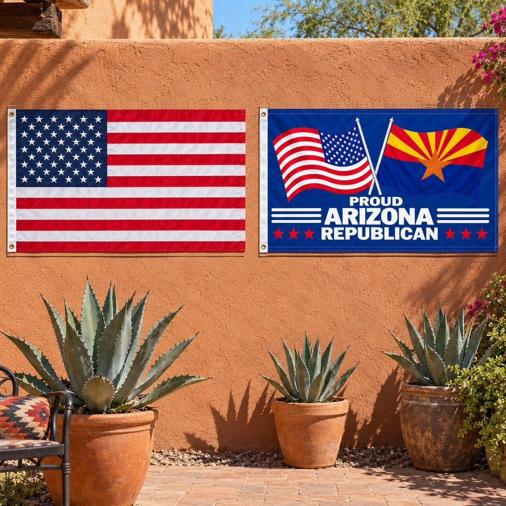 Heavy Duty American Flag and Proud Arizona Republican Flag 3x5 2-Pack displayed outdoors