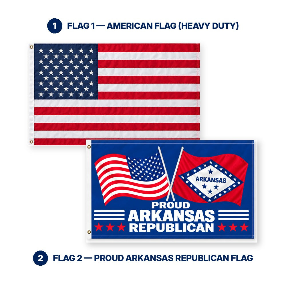 Heavy Duty American Flag and Proud Arkansas Republican Flag 3x5 2-Pack features and size details