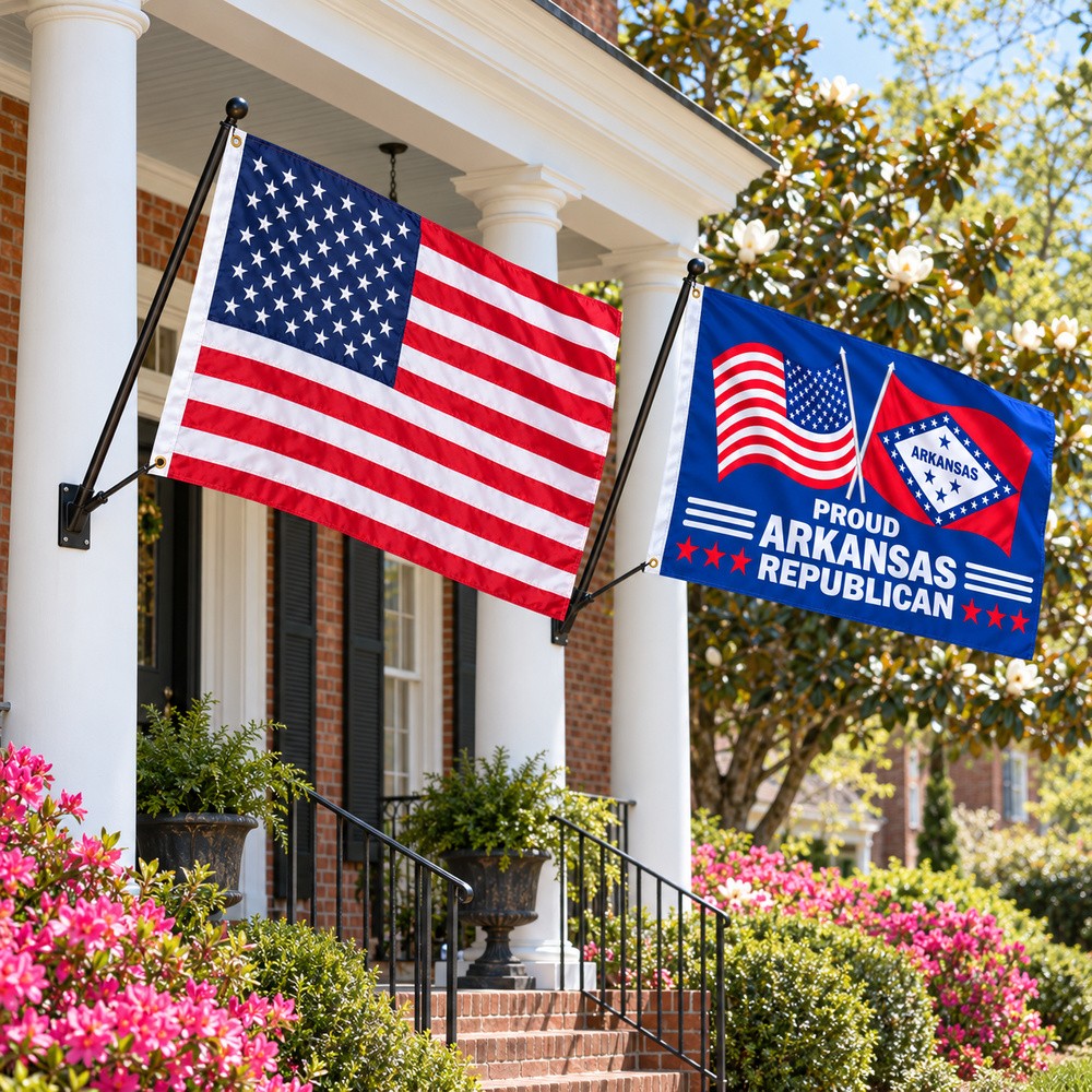 Heavy Duty American Flag and Proud Arkansas Republican Flag 3x5 2-Pack displayed outdoors