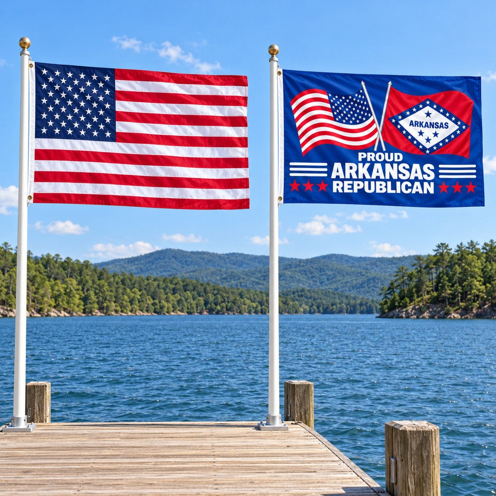 Heavy Duty American Flag and Proud Arkansas Republican Flag 3x5 2-Pack displayed outdoors