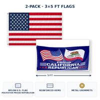 Heavy Duty American Flag and Proud California Republican Flag 3x5 2-Pack features and size details