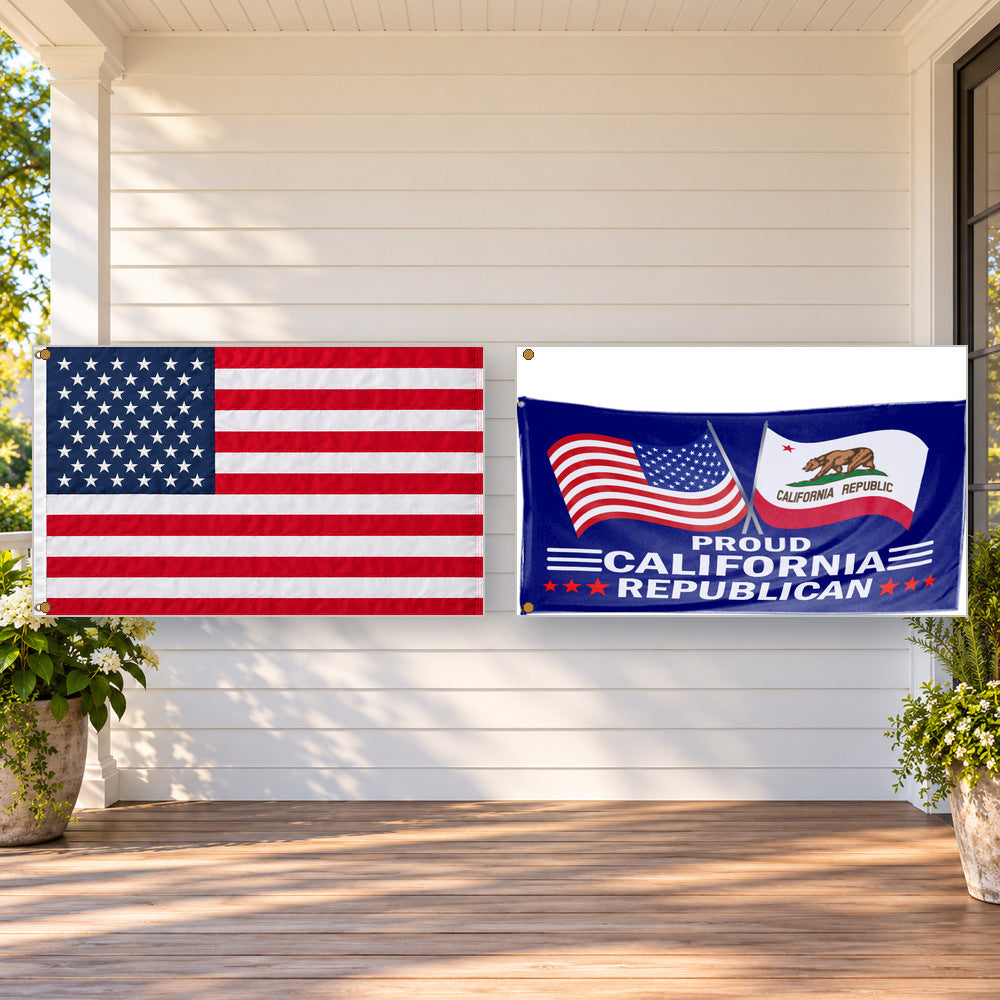 Heavy Duty American Flag and Proud California Republican Flag 3x5 2-Pack displayed outdoors
