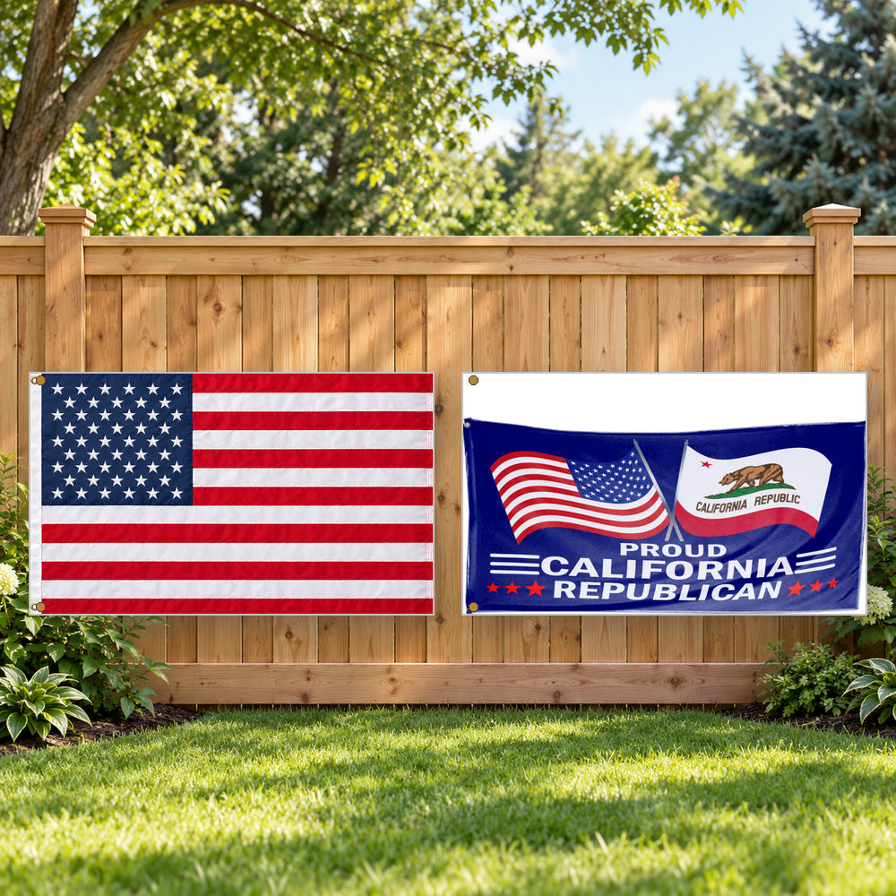Heavy Duty American Flag and Proud California Republican Flag 3x5 2-Pack displayed outdoors