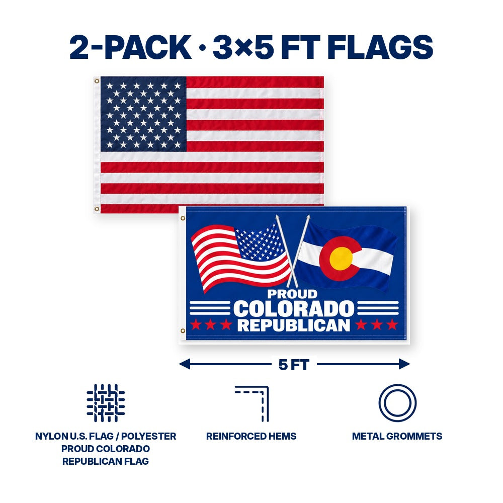 Heavy Duty American Flag and Proud Colorado Republican Flag 3x5 2-Pack features and size details