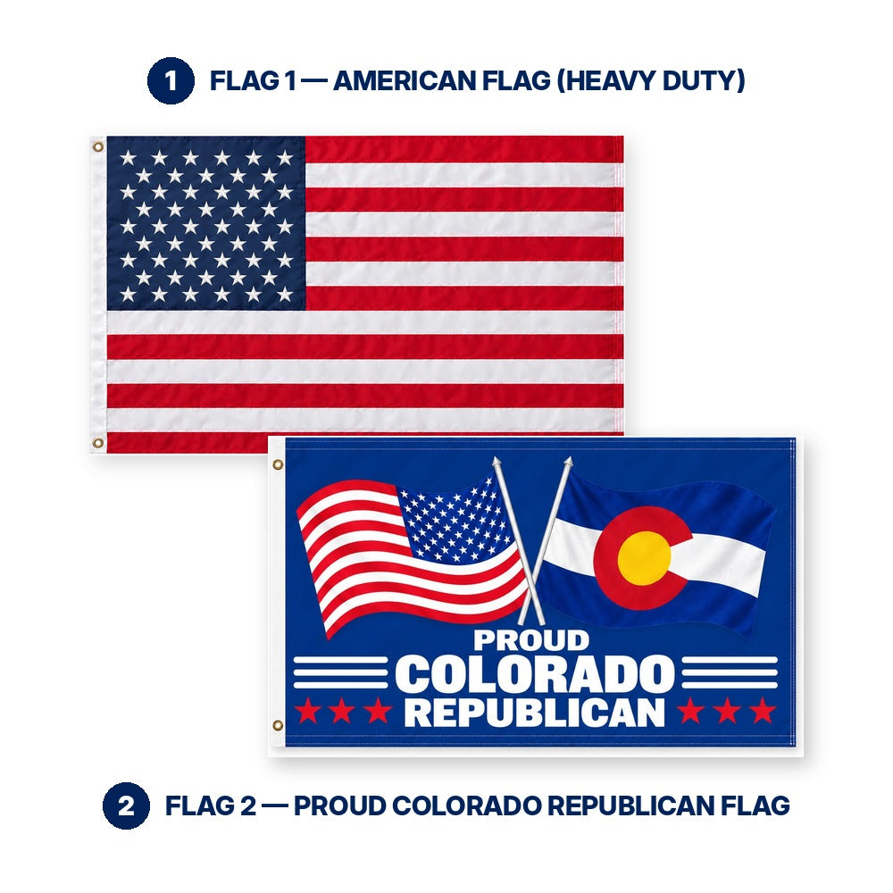 Heavy Duty American Flag and Proud Colorado Republican Flag 3x5 2-Pack features and size details