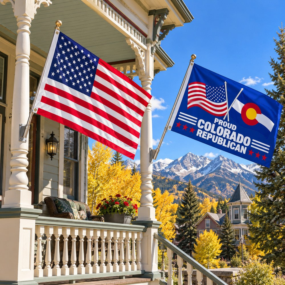 Heavy Duty American Flag and Proud Colorado Republican Flag 3x5 2-Pack displayed outdoors