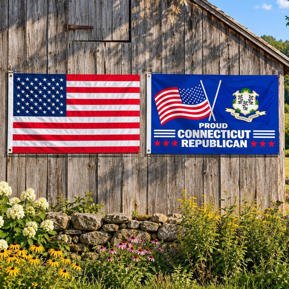 Heavy Duty American Flag and Proud Connecticut Republican Flag 3x5 2-Pack displayed outdoors