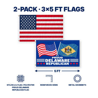 Heavy Duty American Flag and Proud Delaware Republican Flag 3x5 2-Pack features and size details