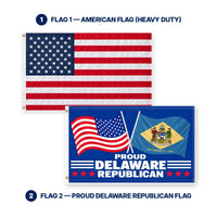 Heavy Duty American Flag and Proud Delaware Republican Flag 3x5 2-Pack features and size details