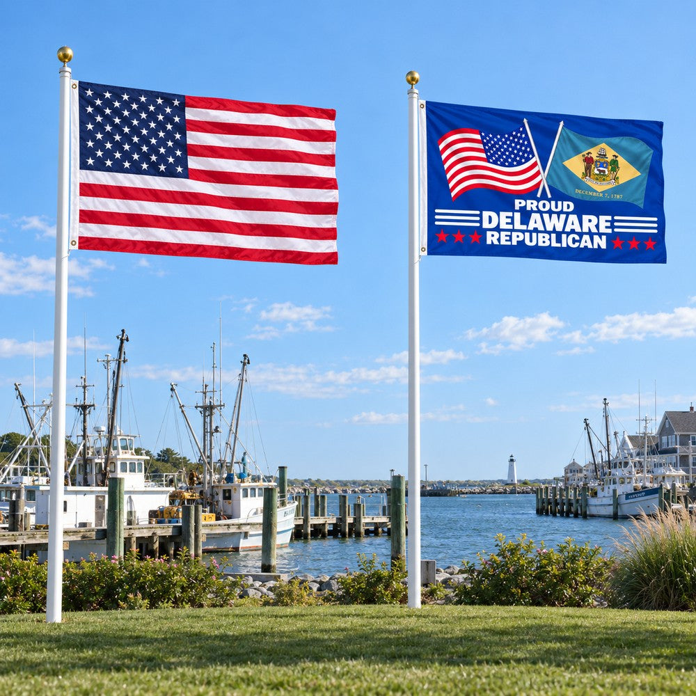 Heavy Duty American Flag and Proud Delaware Republican Flag 3x5 2-Pack displayed outdoors