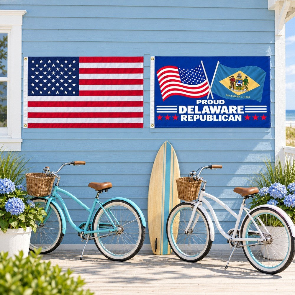 Heavy Duty American Flag and Proud Delaware Republican Flag 3x5 2-Pack displayed outdoors