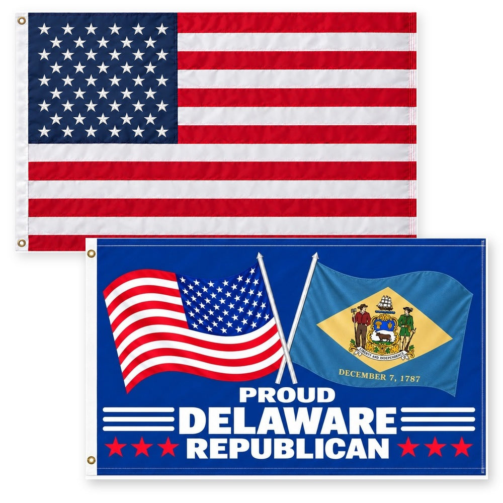 Heavy Duty American Flag and Proud Delaware Republican Flag 3x5 2-Pack