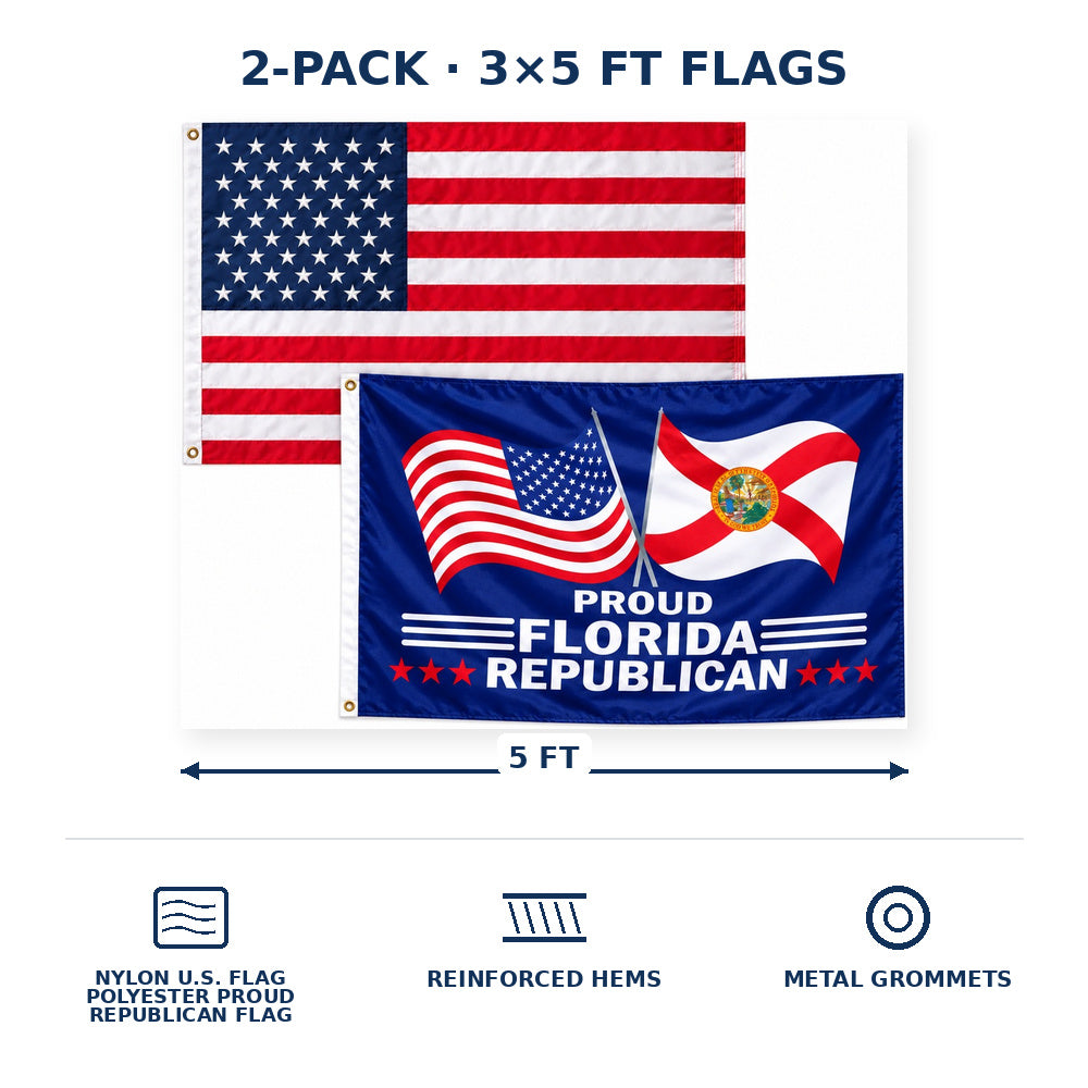 Heavy Duty American Flag and Proud Florida Republican Flag 3x5 2-Pack features and size details