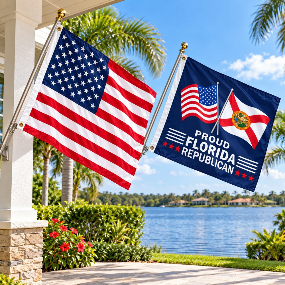 Heavy Duty American Flag and Proud Florida Republican Flag 3x5 2-Pack displayed outdoors