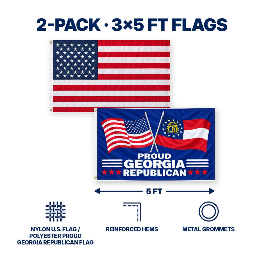 Heavy Duty American Flag and Proud Georgia Republican Flag 3x5 2-Pack features and size details
