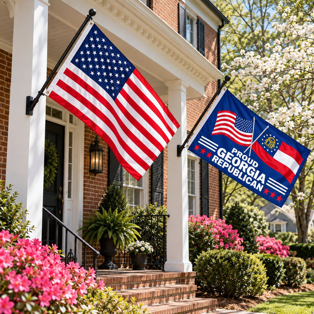 Heavy Duty American Flag and Proud Georgia Republican Flag 3x5 2-Pack displayed outdoors