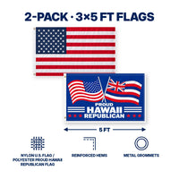 Heavy Duty American Flag and Proud Hawaii Republican Flag 3x5 2-Pack features and size details