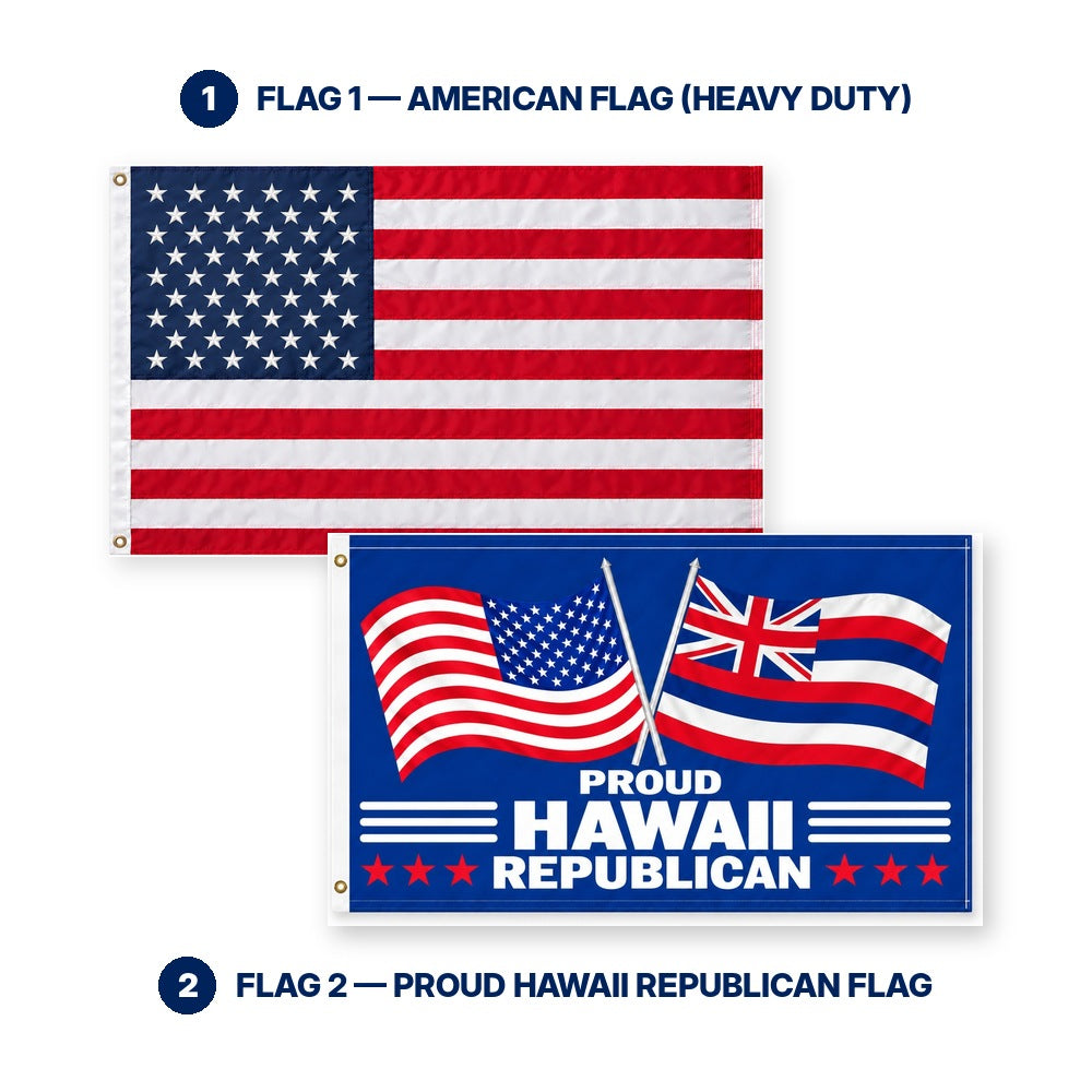 Heavy Duty American Flag and Proud Hawaii Republican Flag 3x5 2-Pack features and size details