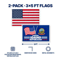 Heavy Duty American Flag and Proud Idaho Republican Flag 3x5 2-Pack features and size details