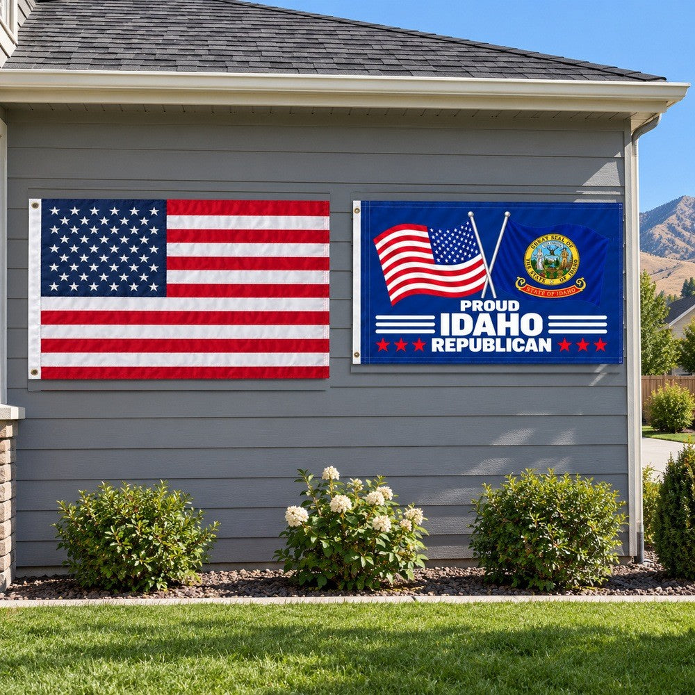 Heavy Duty American Flag and Proud Idaho Republican Flag 3x5 2-Pack displayed outdoors