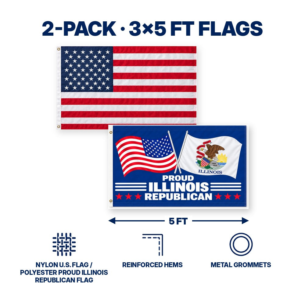 Heavy Duty American Flag and Proud Illinois Republican Flag 3x5 2-Pack features and size details