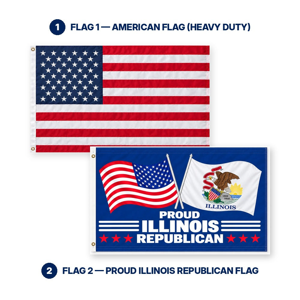 Heavy Duty American Flag and Proud Illinois Republican Flag 3x5 2-Pack features and size details