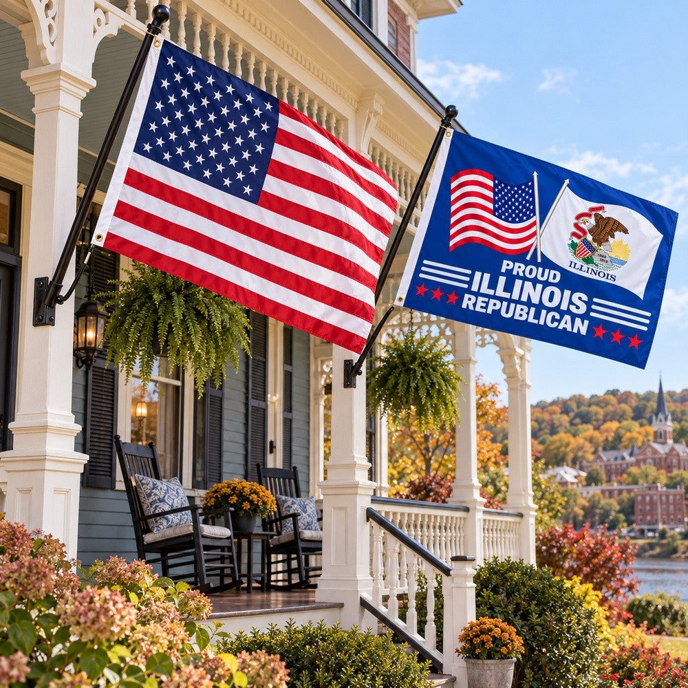 Heavy Duty American Flag and Proud Illinois Republican Flag 3x5 2-Pack displayed outdoors