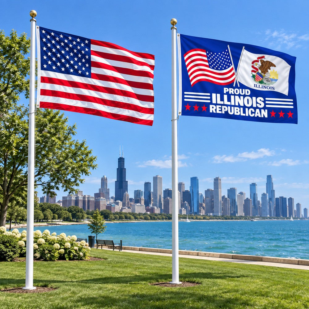 Heavy Duty American Flag and Proud Illinois Republican Flag 3x5 2-Pack displayed outdoors